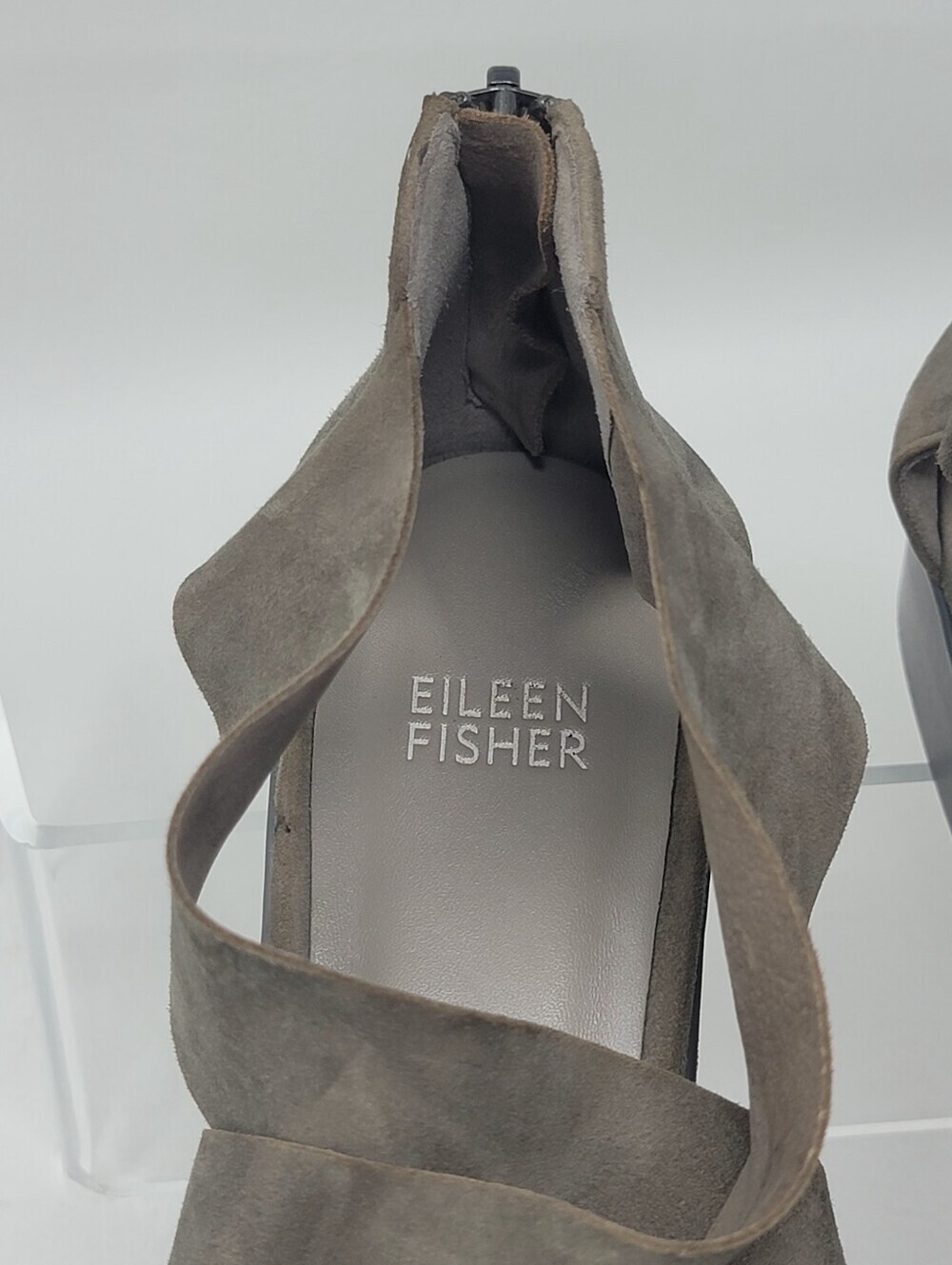 Eileen Fisher Carver Suede Wedge Sandals Gray Taupe Cutout Zip Womens Size 8.5 - Picture 10 of 10